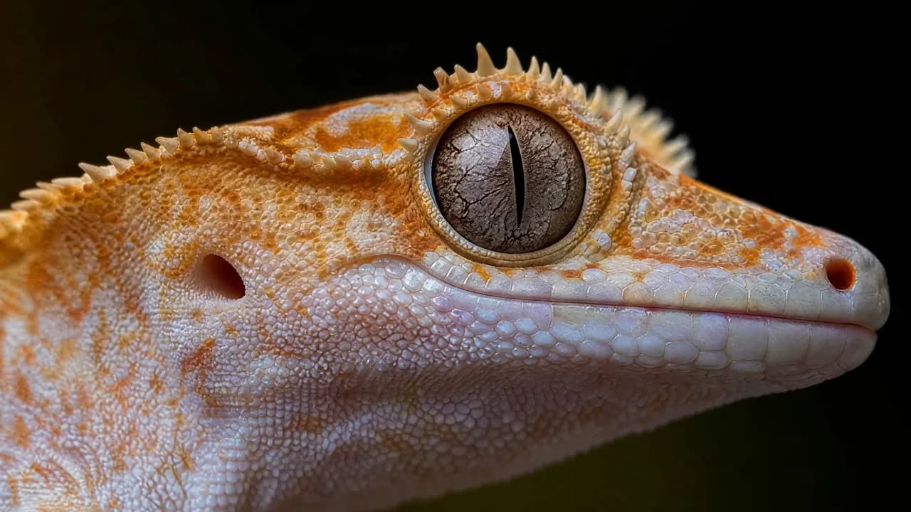 Macro close-up of an orange and white gecko against a dark background