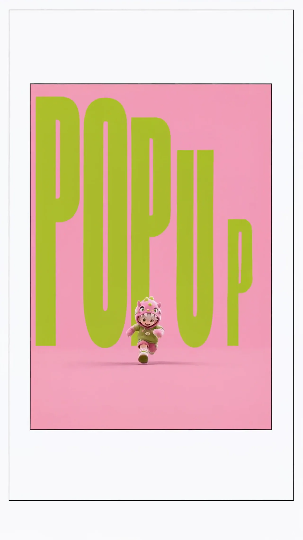 Small character running across a pink poster with oversized green lettering