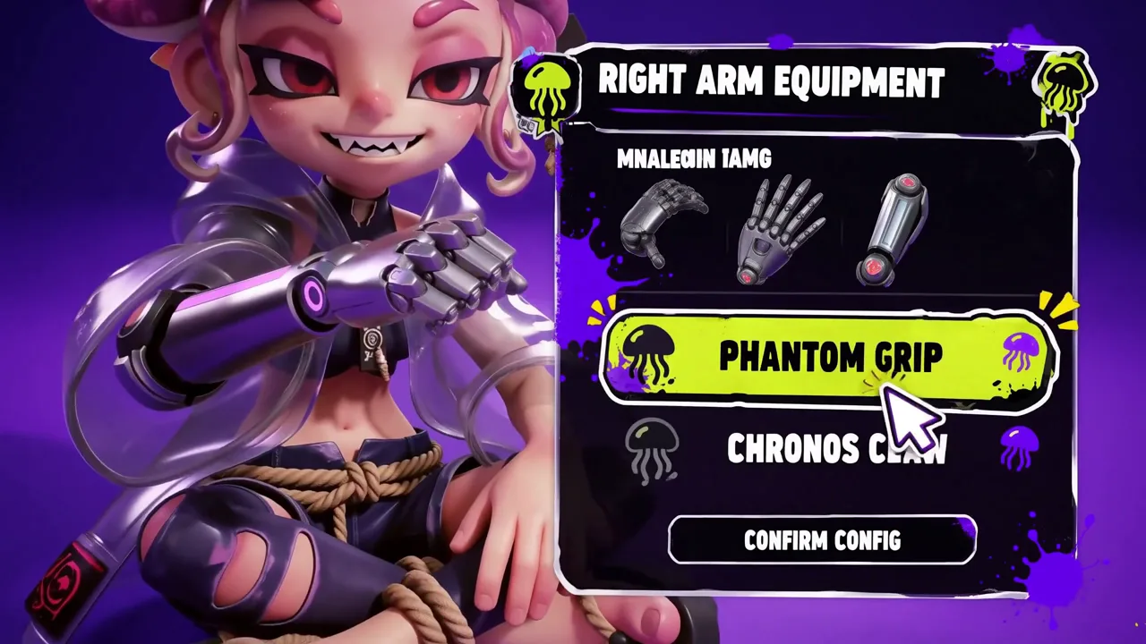 Stylized game character beside a neon equipment selection interface