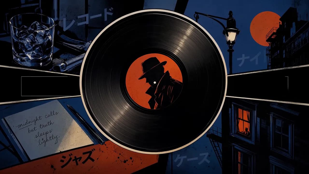 Noir collage centered on a vinyl record with a silhouetted detective