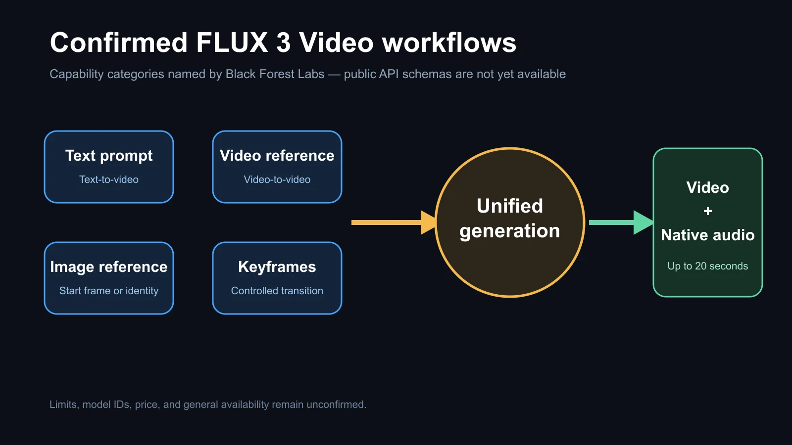 แผนผังของอินพุตและเอาต์พุตวิดีโอ FLUX 3 รวมถึงข้อความ รูปภาพ วิดีโอ คีย์เฟรม และเสียงเนทิฟ